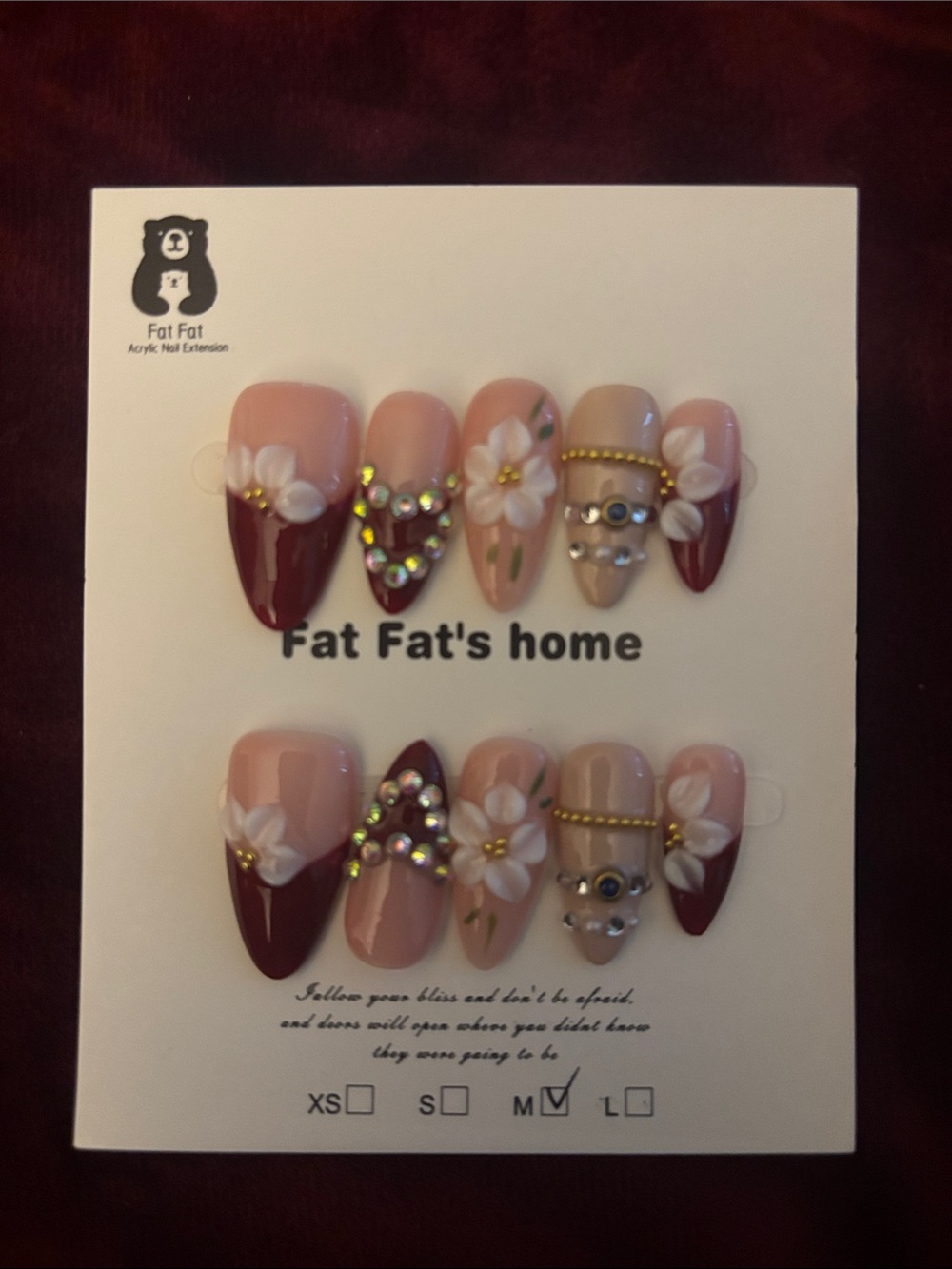 Floral Rhinestone Press-On Nails — Pink & Burgundy